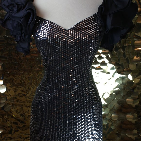 Black Silver Sequin Nadine Ruffle Sleeve Ballgown - Picture 4 of 10